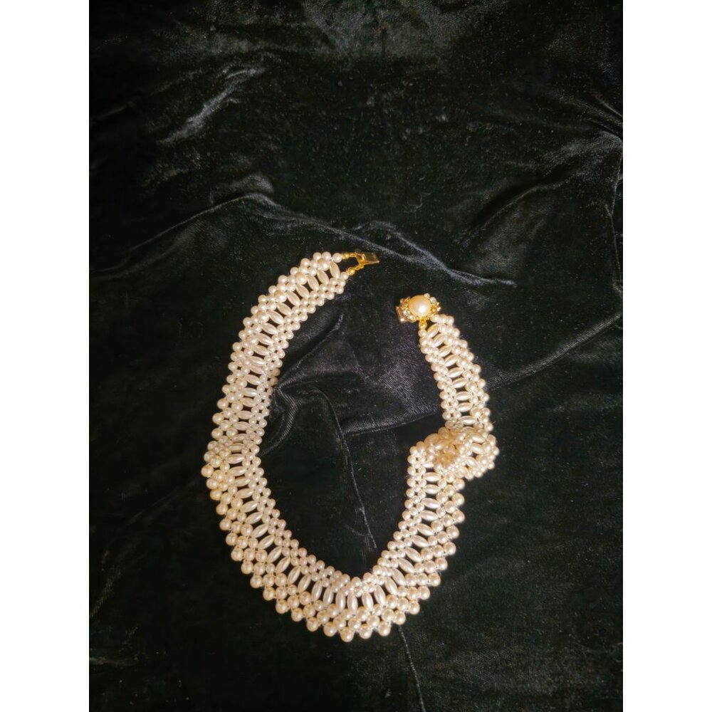 Vintage Gold-Toned Pearl & Rhinestone Choker Necklace With Elegant Layered Desig